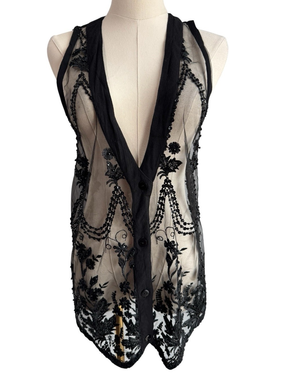 Vintage Witchy Whimsigoth Sheer Lace Vest Women M/L Black Beaded Sequin Boho EUC